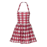 LIZAKOSHT  -  Sexy Halter Plaid Print Mini Dress Off-shoulder Sleeveless Spaghetti Strap Backless High Waist Red A-line Holiday Dress